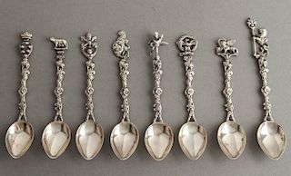 Continental Silver Demitasse Figural Spoons Set, 8