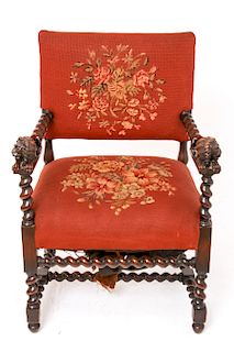 English Barley Twist Lion Carved Armchair / Chair
