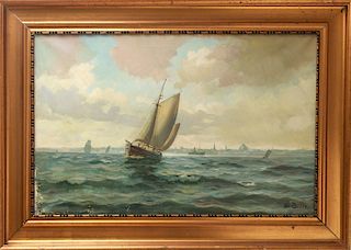 Willy Bille Seascape with Ships Oil on Canvas