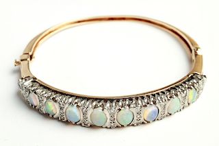 14K Gold Opals & Diamonds Bangle Bracelet