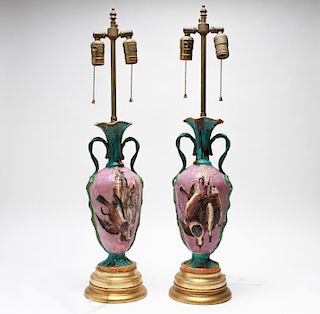 Majolica Hunt-Themed Game Birds Table Lamps, Pair