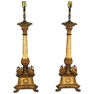 Italian Empire Manner Giltwood Table Lamps, Pair