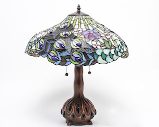 Tiffany Manner Stained Glass Peacock Feather Lamp