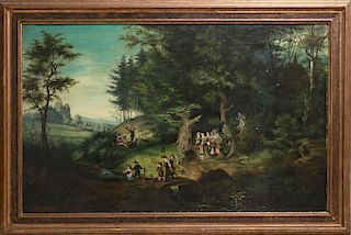 Illegibly Signed Landscape w Figures Oil 19th C.
