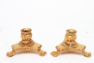 Gilt Metal Lion Head & Paw Footed Candleholders Pr