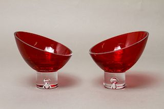 Swedish Red Art Glass Candy Bowls, Pair