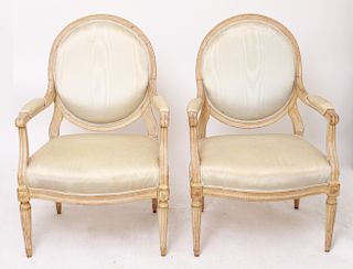 French Louix XVI Manner Open Armchairs, Pair