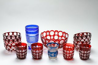 Bohemian Blue & Red Cut Glass Items, Vintage