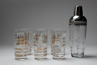 Mid-Century Modern 6 Highball Glasses & Shaker