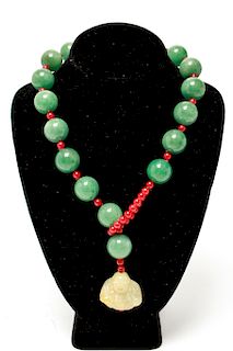 Jade Carved Buddha Red & Green Jade Beads Necklace