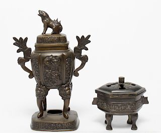 Chinese Patinated Bronze Foo Dog Incense Burners 2