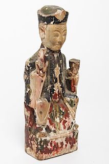 Chinese Carved & Polychrome Wood Seated Official