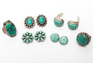 Silver & Turquoise Rings & Earrings Group of 6