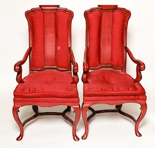 Louis XV Manner Armchairs Red Painted Chairs, Pair