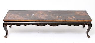 Asian Lacquered Low Table w Temple Scene