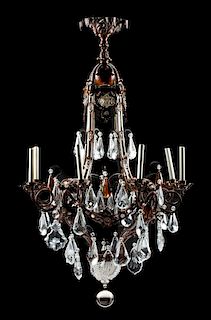 A Regence Style Patinated Bronze and Glass Eight-Light Chandelier Height 48 x diameter 30 inches.