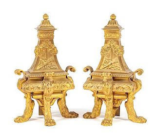 A Pair of Regence Style Gilt Bronze Chenets Height 20 1/2 inches.