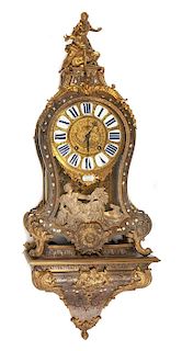 A French Boulle Marquetry Bracket Clock and Bracket Height of clock 32 inches; height of bracket 13 inches.