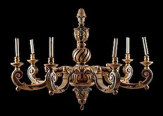 A Regence Style Painted and Parcel Gilt Seven-Light Chandelier Height 41 x diameter 53 inches.
