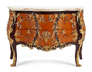 A Louis XV Style Gilt Bronze Mounted Parquetry Commode Height 34 1/2 x width 51 1/2 x depth 22 inches.