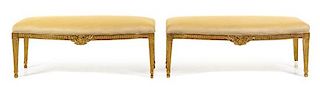 A Pair of Louis XVI Style Giltwood Benches Height 16 x width 42 x depth 17 inches.
