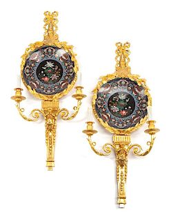 A Pair of Louis XVI Style Cloisonne Mounted Gilt Bronze Two-Light Sconces Height 37 1/2 x width 16 inches.