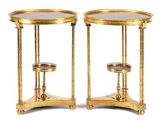 A Pair of Louis XVI Style Gilt Bronze Gueridons Height 27 x diameter of top 20 1/2 inches.