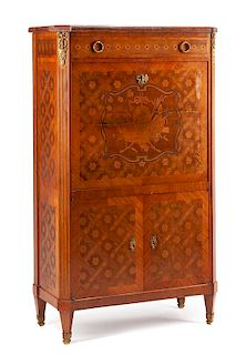 A Louis XVI Style Gilt Bronze Mounted Marquetry Secretaire a Abattant Height 60 x width 35 1/2 x depth 17 inches.