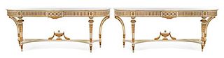 A Pair of Louis XVI Style Painted and Gilt Console Tables Height 34 x width 89 x depth 20 1/2 inches.