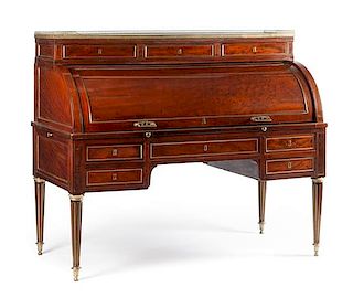 A Louis XVI Style Brass Inlaid Mahogany Bureau a Cylindre Height 48 x width 57 x depth 28 inches.