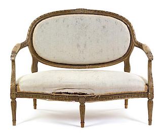 A Louis XVI Style Giltwood Settee Height 38 x width 49 1/4 x depth 23 1/2 inches.