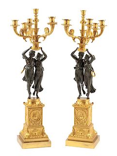 A Pair of Empire Style Gilt and Patinated Bronze Candelabra Height 38 inches.
