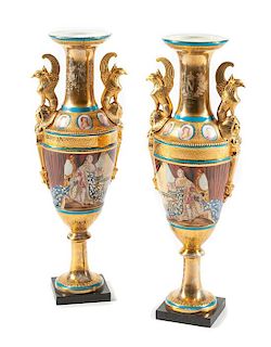 A Pair of Empire Style Porcelain Vases Height 25 inches.
