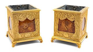 A Pair of Empire Style Gilt Bronze and Marquetry Cache Pots Height 9 1/4 x width 7 5/8 x depth 7 5/8 inches.