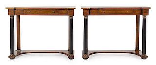 A Pair of Empire Parcel Ebonized Console Tables Height 31 x width 40 x depth 16 1/2 inches.