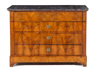 A Louis Philippe Burl Walnut Commode Height 36 1/2 x width 50 1/4 x depth 23 1/4 inches.