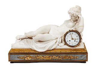 * A French Gilt Bronze Mounted Marble Mantel Clock Height 16 x width 22 1/2 x depth 11 1/2 inches.