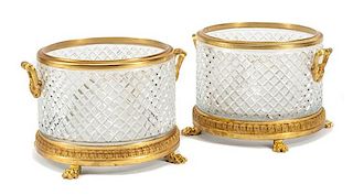 A Pair of French Gilt Bronze Mounted Cut Glass Jardinieres Width 16 1/2 inches.