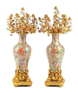 A Pair of Monumental French Gilt Bronze and Porcelain Mounted Candelabra Height 54 inches.