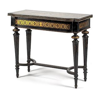 A Napoleon III Boulle Marquetry Flip-Top Table Height 31 x width 35 x depth 17 1/4 inches.