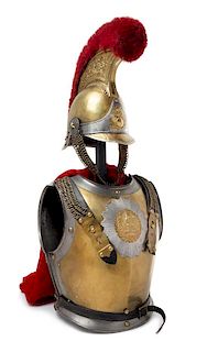 A French Second Empire Carabinier-a-Cheval Cuirass and Helmet Height of cuirass 17 1/2 inches.