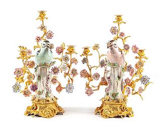 A Pair of French Gilt Bronze and Porcelain Three-Light Candelabra Height 22 inches.