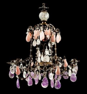 A French Patinated Bronze, Rock Crystal, Amethyst and Rose Quartz Eight-Light Chandelier Height 28 x diameter 26 inches.
