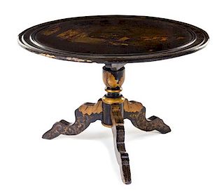 A French Lacquer-Decorated Center Table Height 23 1/2 x diameter of top 34 3/4 inches.