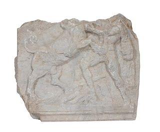 * A Roman Marble Relief Depicting Heracles with the Cretan Bull Height 19 1/2 x width 22 inches.