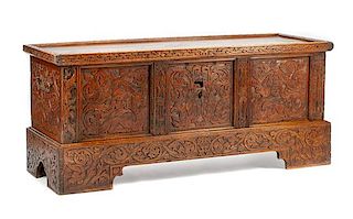 A Continental Carved Cassone Height 32 x width 74 x depth 27 inches.