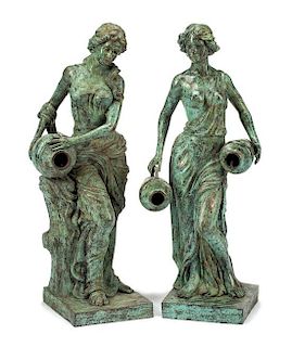 A Pair of Patinated Bronze Fountain Figures Height 45 1/2 inches.