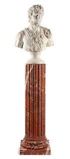 An Italian Carved Marble Bust and Pedestal Height of bust 30 inches; height of pedestal 47 inches.