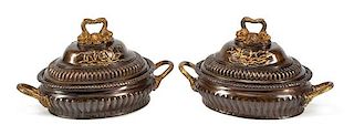 A Pair of Pompeiian Style Patinated and Gilt Bronze Covered Bowls Width 24 inches.