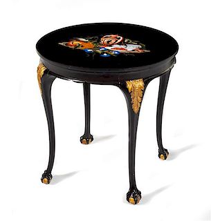 An Italian Pietra Dura Table Top on a Painted Walnut Base Height 23 x diameter of top 23 inches.